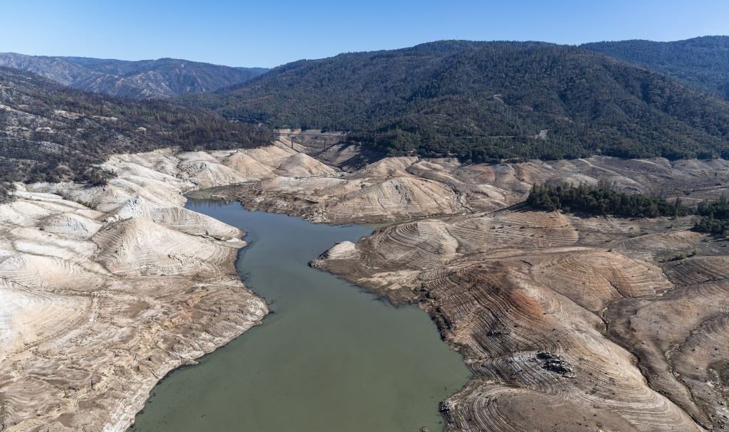 Lake Oroville, showing very low lake level.